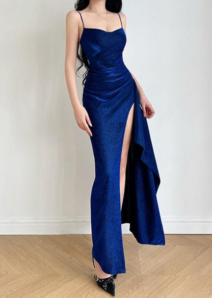 Slim Fit Blue Front Open Solid Spaghetti Strap Dress Sleeveless