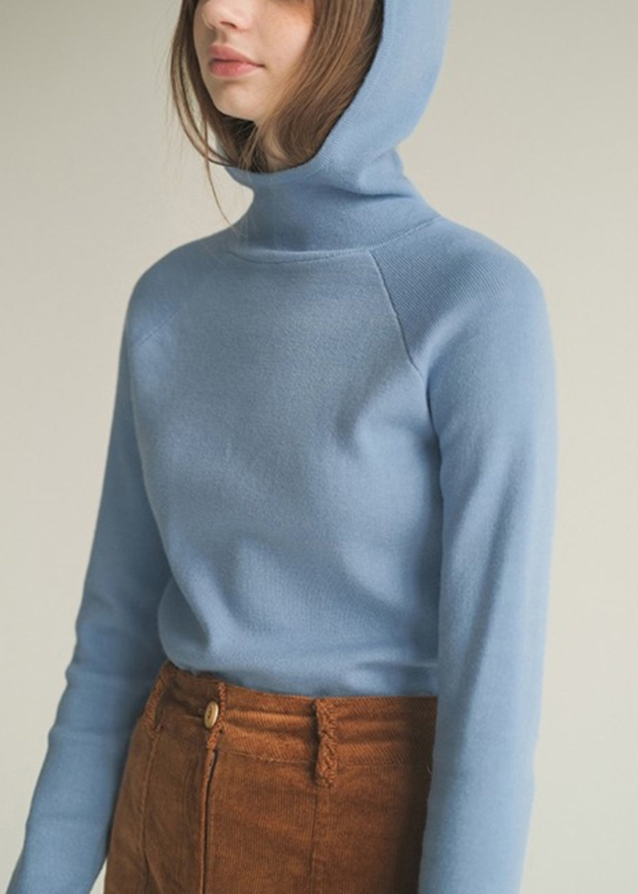 Slim Fit Blue Hooded Solid Knitting Cotton Sweaters Winter