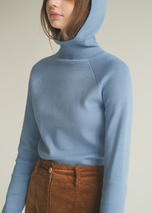 Slim Fit Blue Hooded Solid Knitting Cotton Sweaters Winter