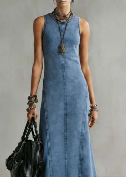 Slim Fit Blue O Neck Denim Long Dress Sleeveless