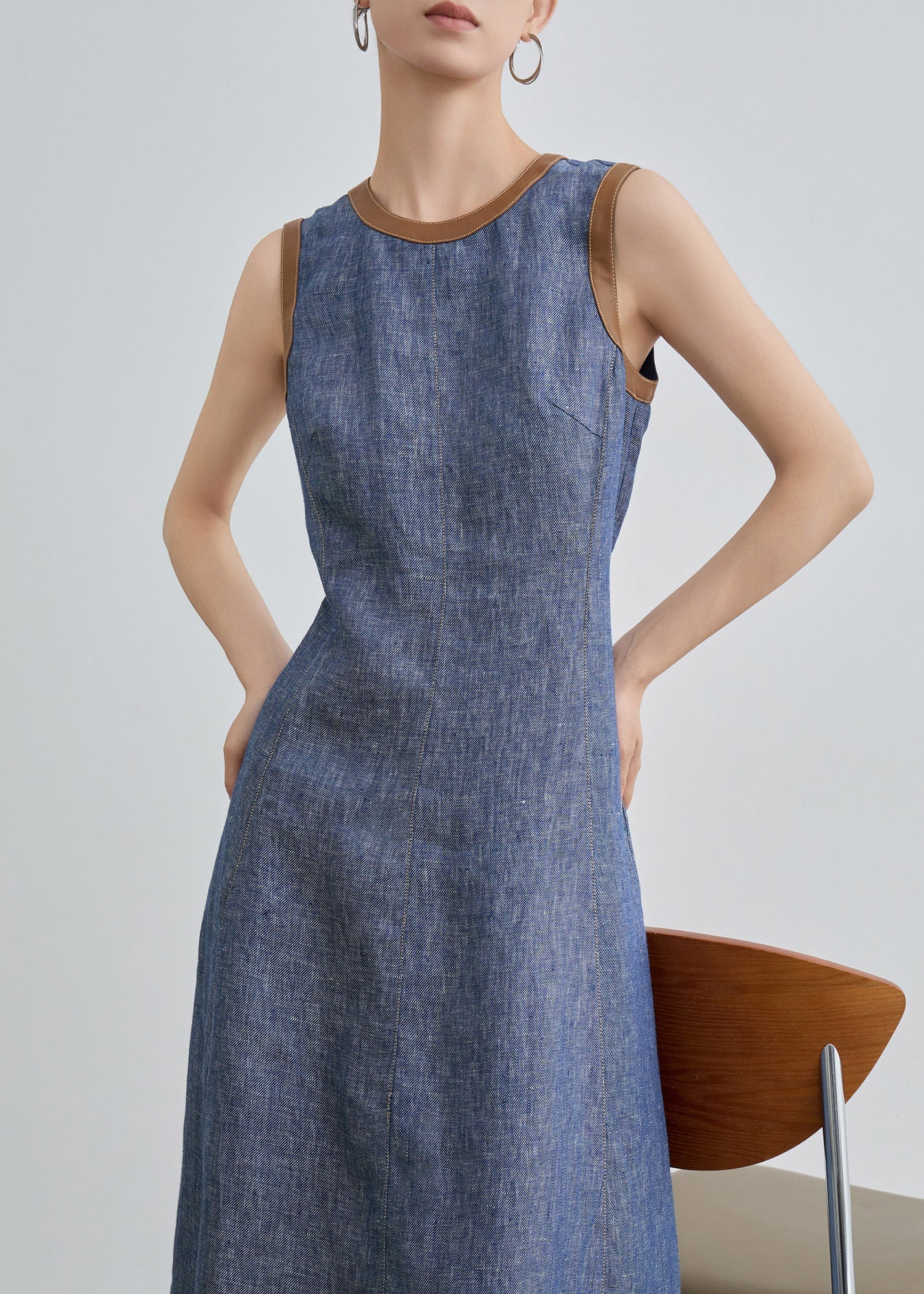 Slim Fit Blue O Neck Pockets Patchwork Denim Long Dress Sleeveless