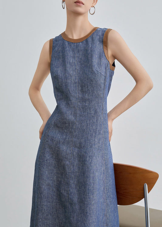 Slim Fit Blue O Neck Pockets Patchwork Denim Long Dress Sleeveless