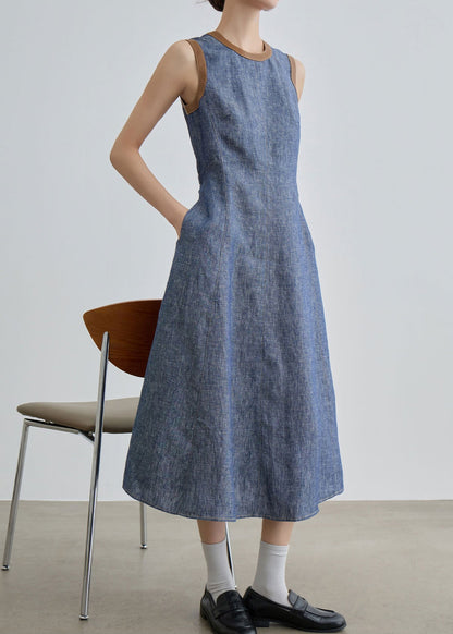 Slim Fit Blue O Neck Pockets Patchwork Denim Long Dress Sleeveless