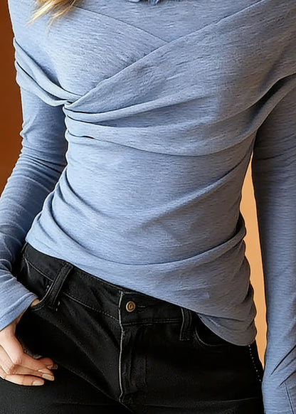 Slim Fit Blue O-Neck Ruffled Wrinkled Knit Top Spring