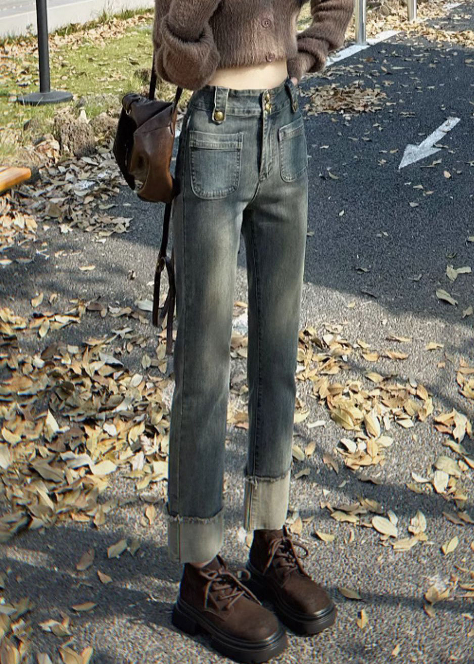 Slim Fit Blue Pockets High Waist Denim Crop Pants Spring