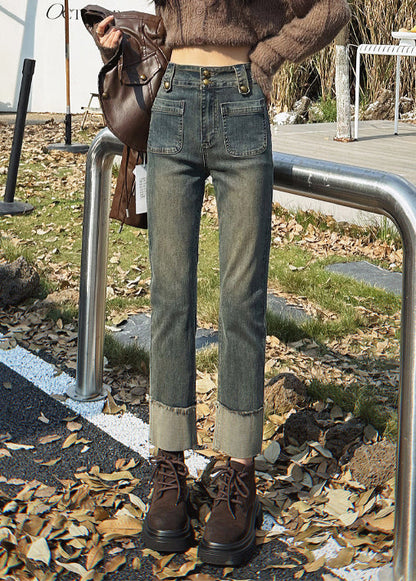 Slim Fit Blue Pockets High Waist Denim Crop Pants Spring