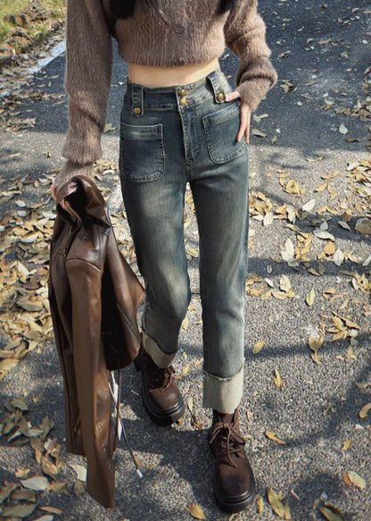 Slim Fit Blue Pockets High Waist Denim Crop Pants Spring