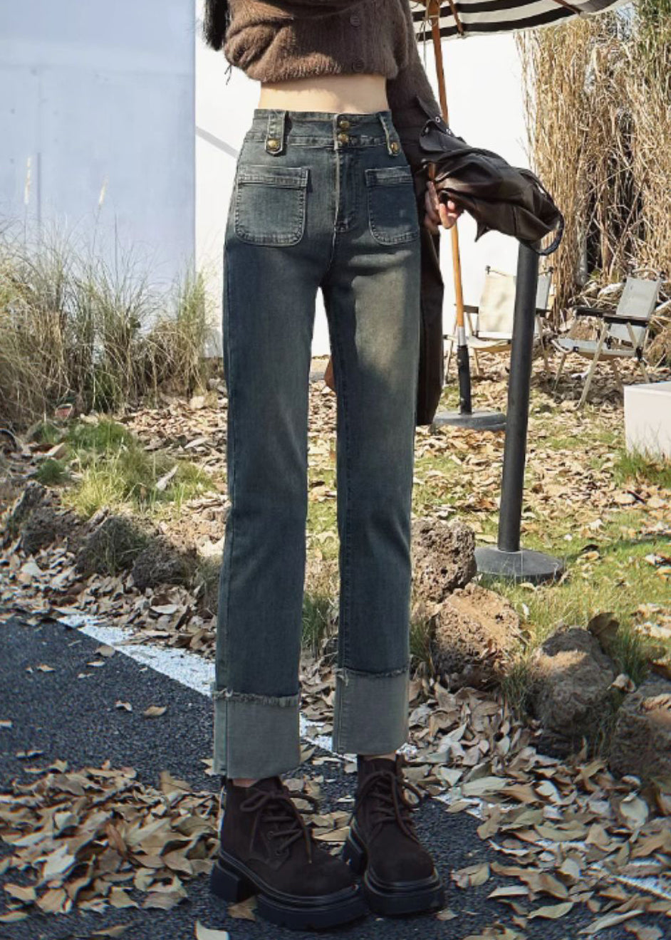 Slim Fit Blue Pockets High Waist Denim Crop Pants Spring