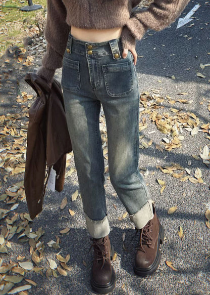 Slim Fit Blue Pockets High Waist Denim Crop Pants Spring