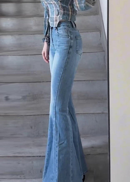 Slim Fit Blue Pockets High Waist Denim Flared Trousers Spring