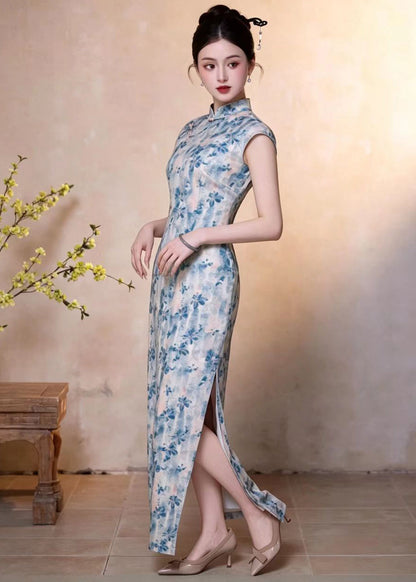 Slim Fit Blue Print Mandarin Collar Chinese Buttons Dresses Sleeveless