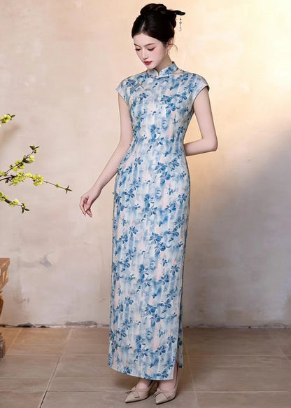 Slim Fit Blue Print Mandarin Collar Chinese Buttons Dresses Sleeveless