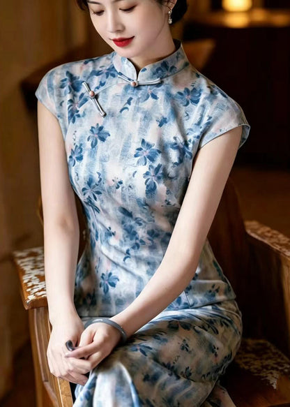 Slim Fit Blue Print Mandarin Collar Chinese Buttons Dresses Sleeveless