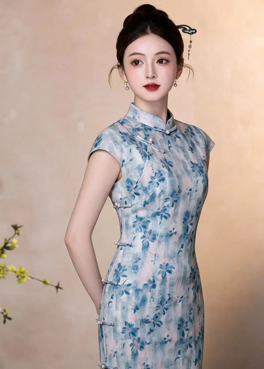 Slim Fit Blue Print Mandarin Collar Chinese Buttons Dresses Sleeveless