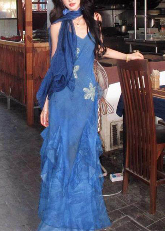 Slim Fit Blue Print Ruffled Tulle Long Spaghetti Strap Dress Summer