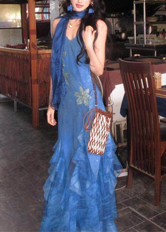 Slim Fit Blue Print Ruffled Tulle Long Spaghetti Strap Dress Summer