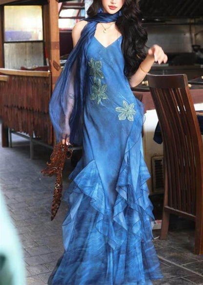 Slim Fit Blue Print Ruffled Tulle Long Spaghetti Strap Dress Summer