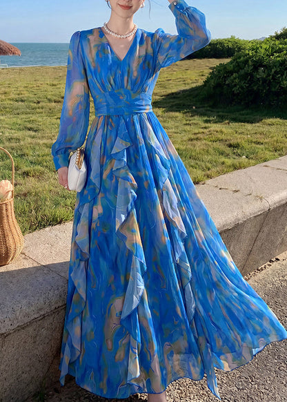 Slim Fit Blue Ruffled Chiffon Maxi Dresses Lantern Sleeve