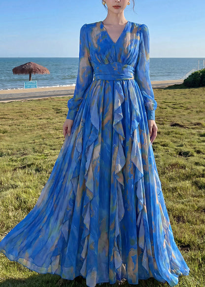 Slim Fit Blue Ruffled Chiffon Maxi Dresses Lantern Sleeve