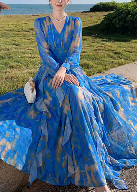 Slim Fit Blue Ruffled Chiffon Maxi Dresses Lantern Sleeve