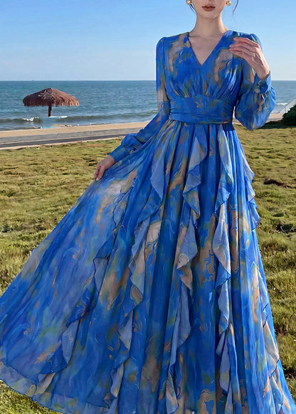 Slim Fit Blue Ruffled Chiffon Maxi Dresses Lantern Sleeve