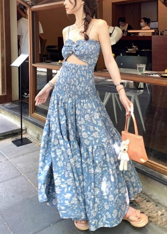 Slim Fit Blue Ruffled Print Hollow Out Cotton Spaghetti Strap Dress Summer