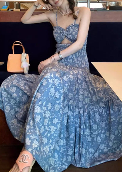 Slim Fit Blue Ruffled Print Hollow Out Cotton Spaghetti Strap Dress Summer