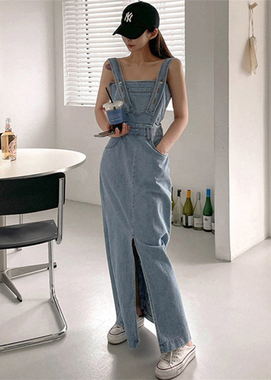 Slim Fit Blue Slash Neck Button Pockets Backless Denim Dress Sleeveless