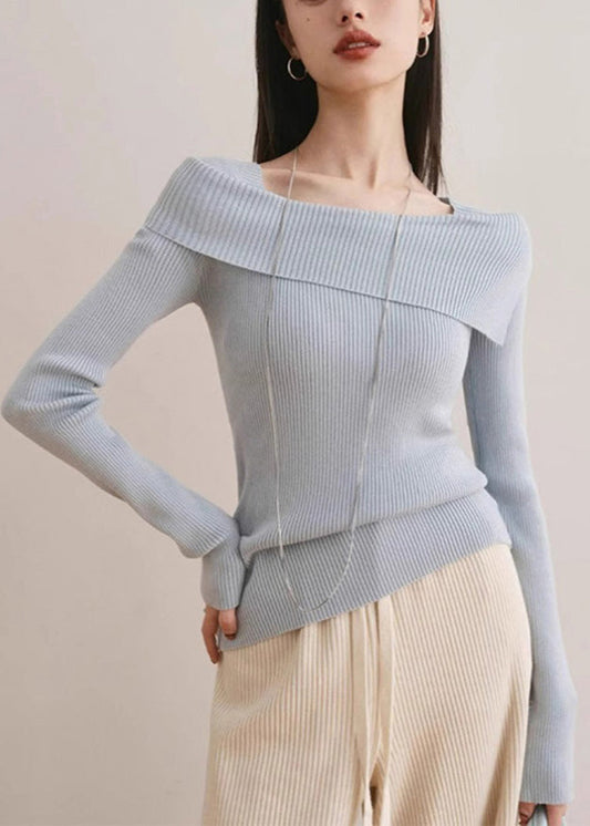 Slim Fit Blue Slash Neck Cotton Knit Sweater Spring