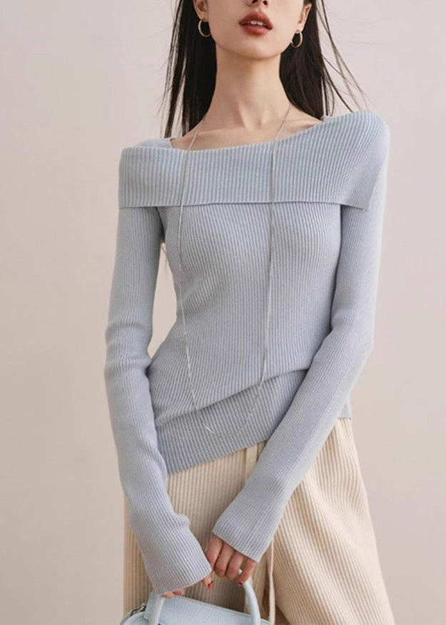 Slim Fit Blue Slash Neck Cotton Knit Sweater Spring