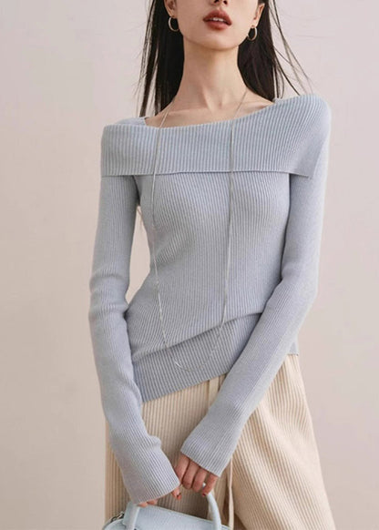 Slim Fit Blue Slash Neck Cotton Knit Sweater Spring