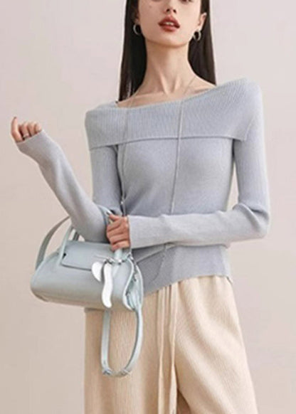 Slim Fit Blue Slash Neck Cotton Knit Sweater Spring