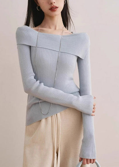 Slim Fit Blue Slash Neck Cotton Knit Sweater Spring