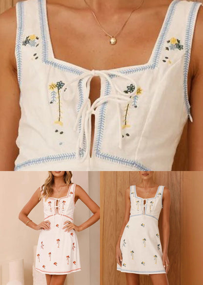 Slim Fit Blue Square Collar Print Mid Dress Sleeveless