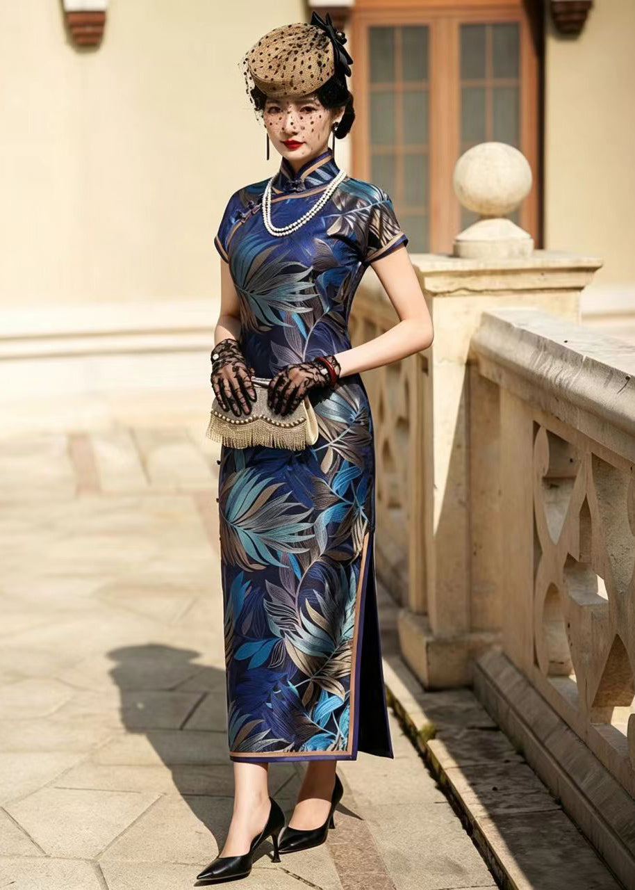Slim Fit Blue Stand Collar Chinese Buttons Cheongsam Dress Short Sleeve