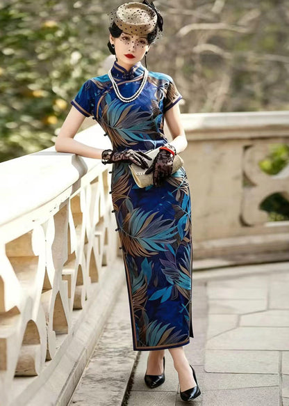 Slim Fit Blue Stand Collar Chinese Buttons Cheongsam Dress Short Sleeve