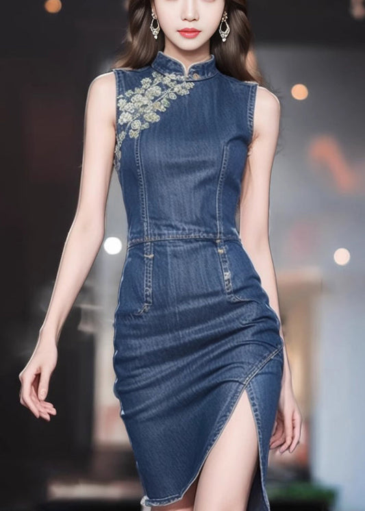 Slim Fit Blue Stand Collar Front Open Denim Dresses Sleeveless