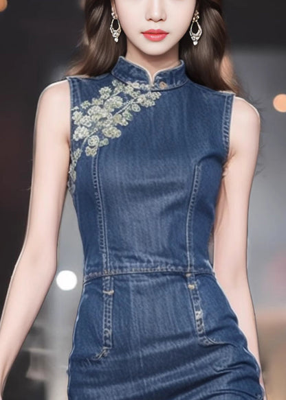 Slim Fit Blue Stand Collar Front Open Denim Dresses Sleeveless