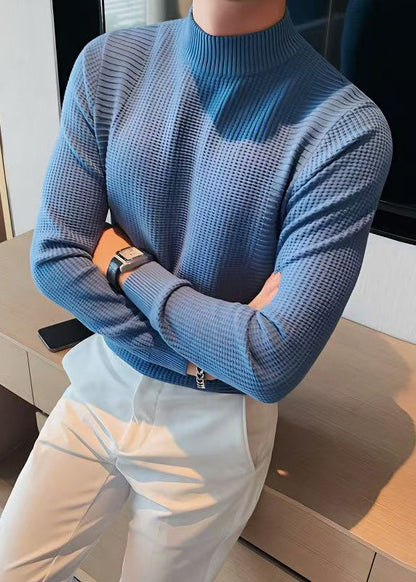 Slim Fit Blue Turtleneck Plaid Knit Mens Sweaters Fall