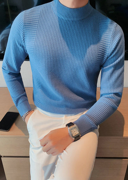 Slim Fit Blue Turtleneck Plaid Knit Mens Sweaters Fall