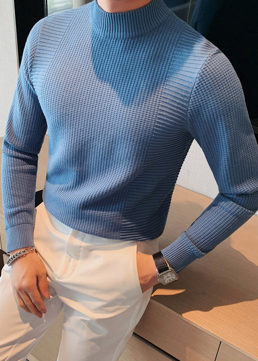 Slim Fit Blue Turtleneck Plaid Knit Mens Sweaters Fall