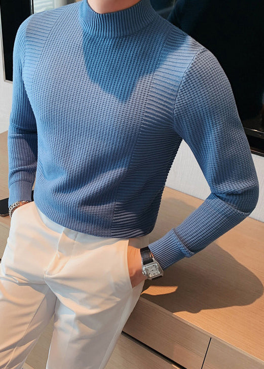 Slim Fit Blue Turtleneck Plaid Knit Mens Sweaters Fall