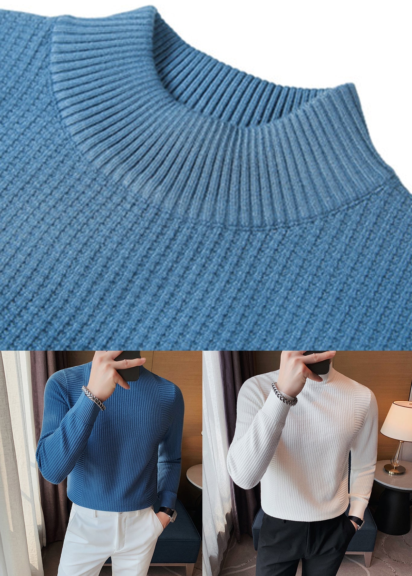 Slim Fit Blue Turtleneck Plaid Knit Mens Sweaters Fall