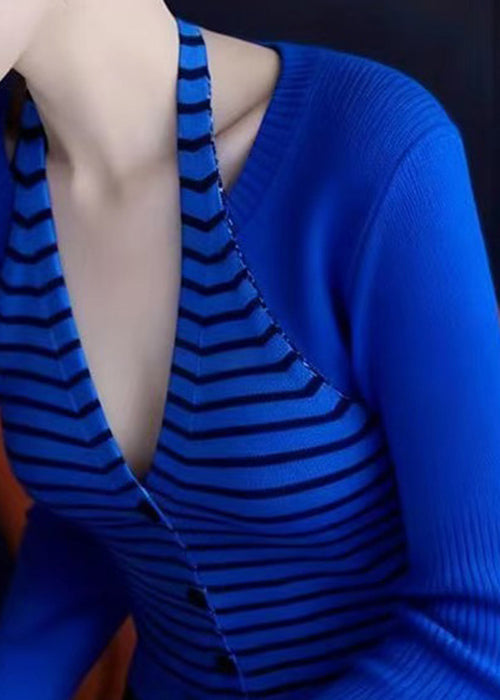 Slim Fit Blue V Neck Striped Patchwork Knit Sweaters Spring