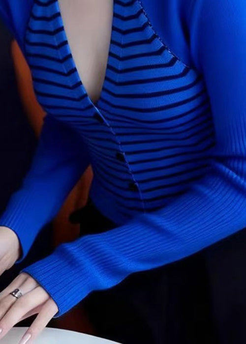 Slim Fit Blue V Neck Striped Patchwork Knit Sweaters Spring