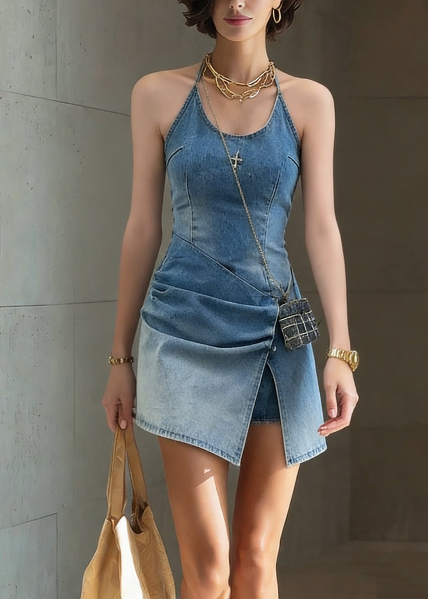 Slim Fit Blue Wrinkled Side Open Denim Mid Dress Sleeveless