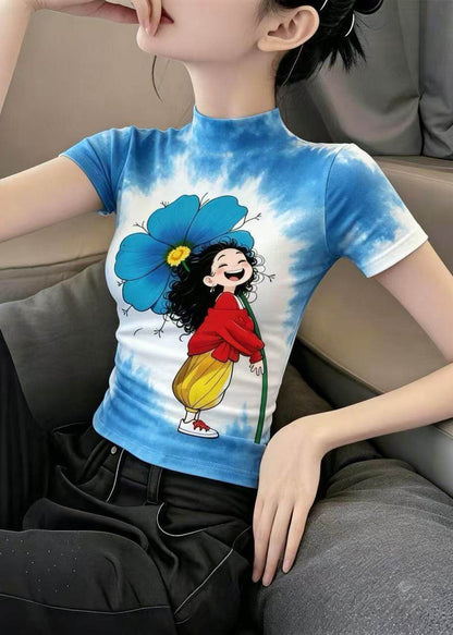 Slim Fit Blue Yellow Turtleneck Girl Print Ice Silk T Shirt Summer