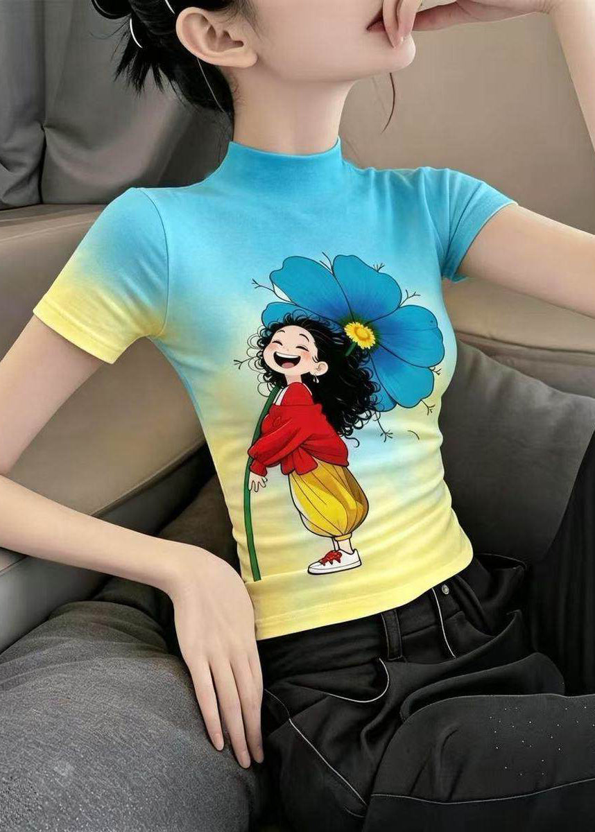 Slim Fit Blue Yellow Turtleneck Girl Print Ice Silk T Shirt Summer