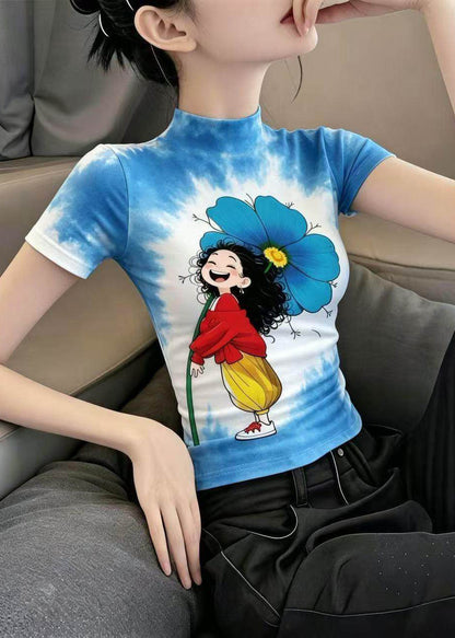 Slim Fit Blue Yellow Turtleneck Girl Print Ice Silk T Shirt Summer