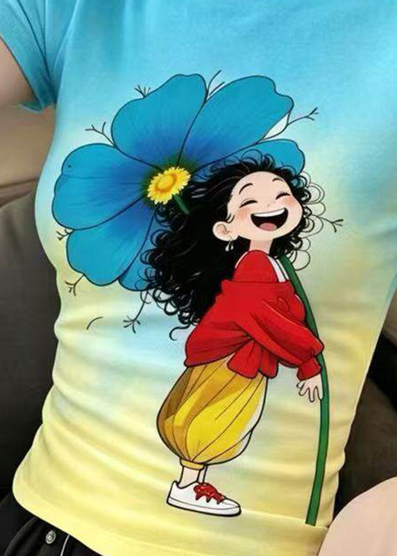 Slim Fit Blue Yellow Turtleneck Girl Print Ice Silk T Shirt Summer